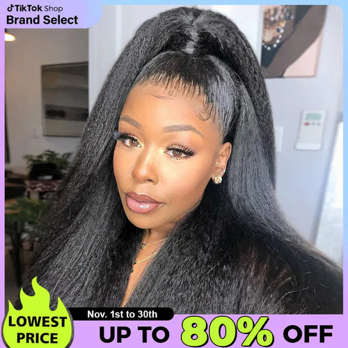 Sale Happening Now:83% OFF🔥Pre-Cut Lace Kinky Straight 360 Full Lace Frontal Glueless Wig With Invisi Drawstring Pre Plucked Human Hair Wig