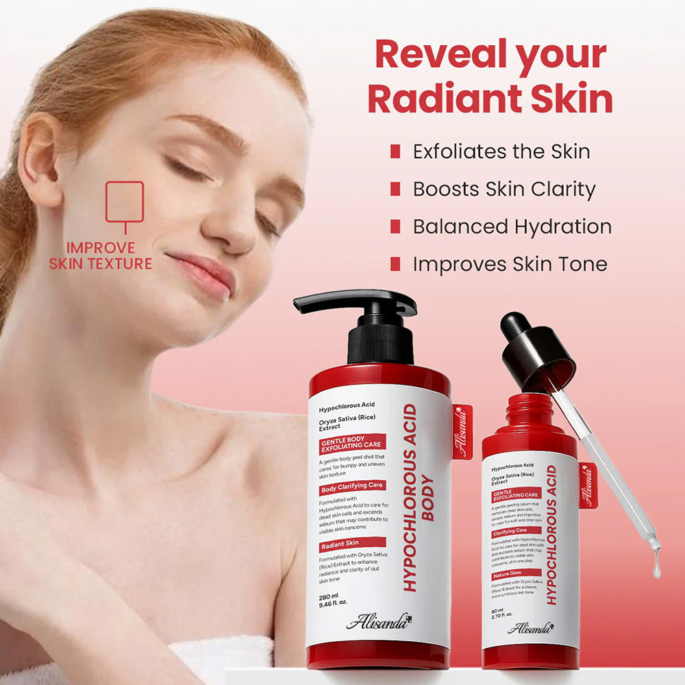 Hypochlorous Acid Rice Duo For Face & Body | Gentle Exfoliating Serum for Dead Skin Cells & Pore Care, Blackheads & Excess Sebum Control | Rice Extract, Hypochlorous, Panthenol for Hydrating & Smoothing Care