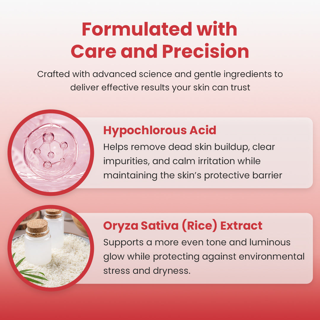 Hypochlorous Acid Rice Duo For Face & Body | Gentle Exfoliating Serum for Dead Skin Cells & Pore Care, Blackheads & Excess Sebum Control | Rice Extract, Hypochlorous, Panthenol for Hydrating & Smoothing Care